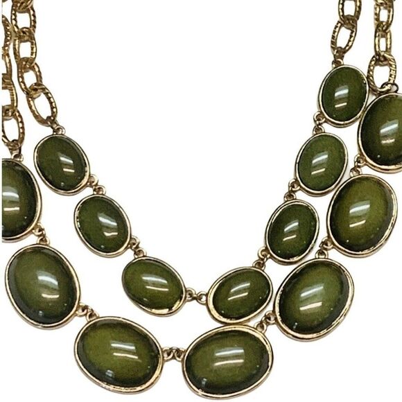 Vintage Olive Green Glass Beaded 2 Tier Chain Gold Tone Statement Necklace 20” - Picture 5 of 8